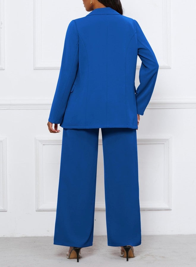 HBQ Women's Two Piece Outfits Casual Blazer Jacket Wide Leg Work Pants Business Suit Sets with Pocket-Blue-M - Image 5